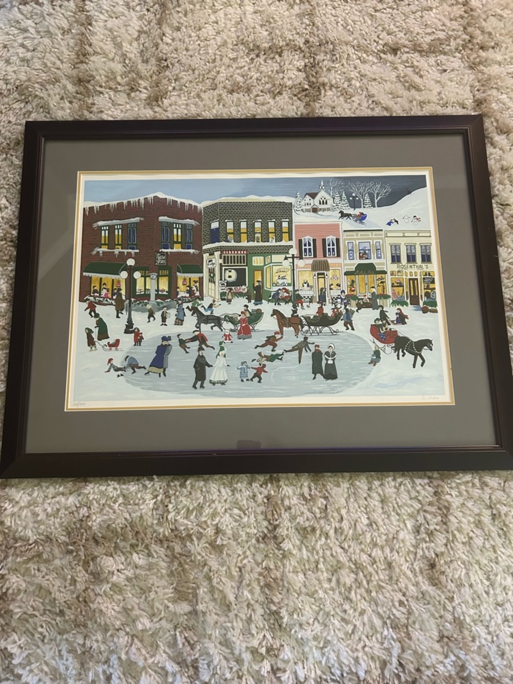 Framed Winter Village Ice Skating Print - Multi-Color